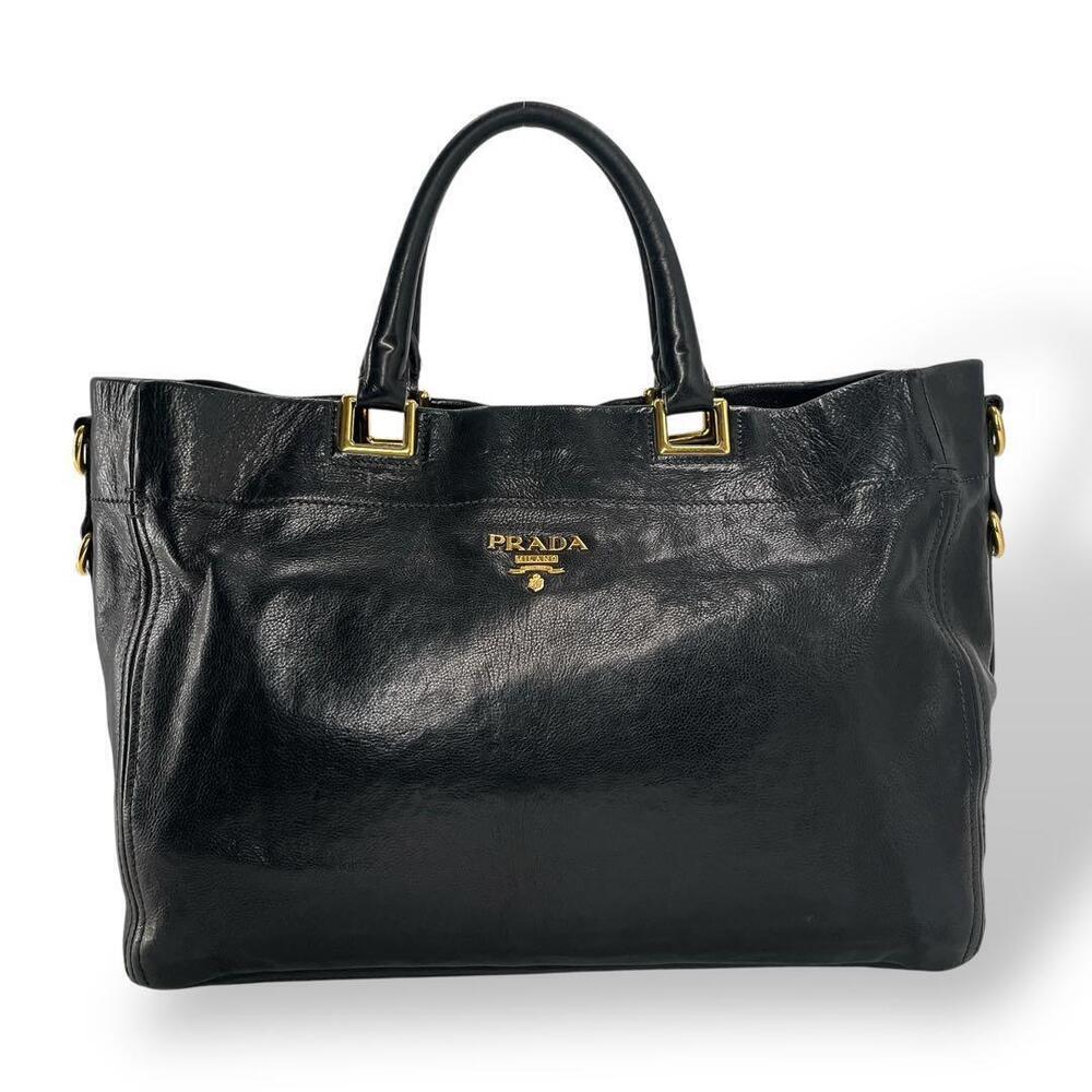 Prada handbag tote bag gold documents black leather metal